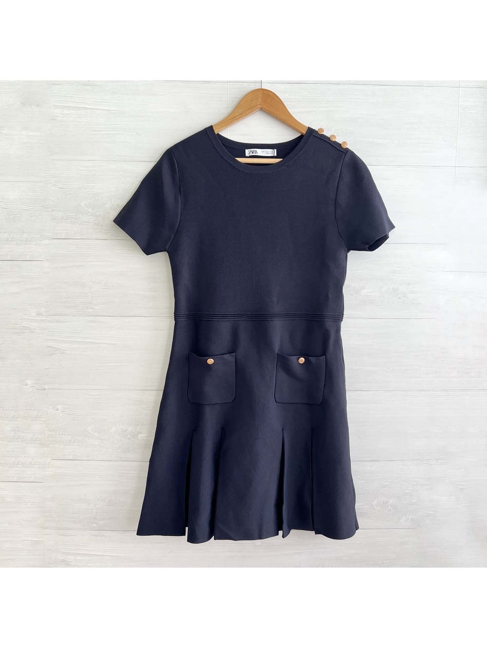 NWT Zara Navy Gold Button Pleated Knit Fit Flare Mini Dress L